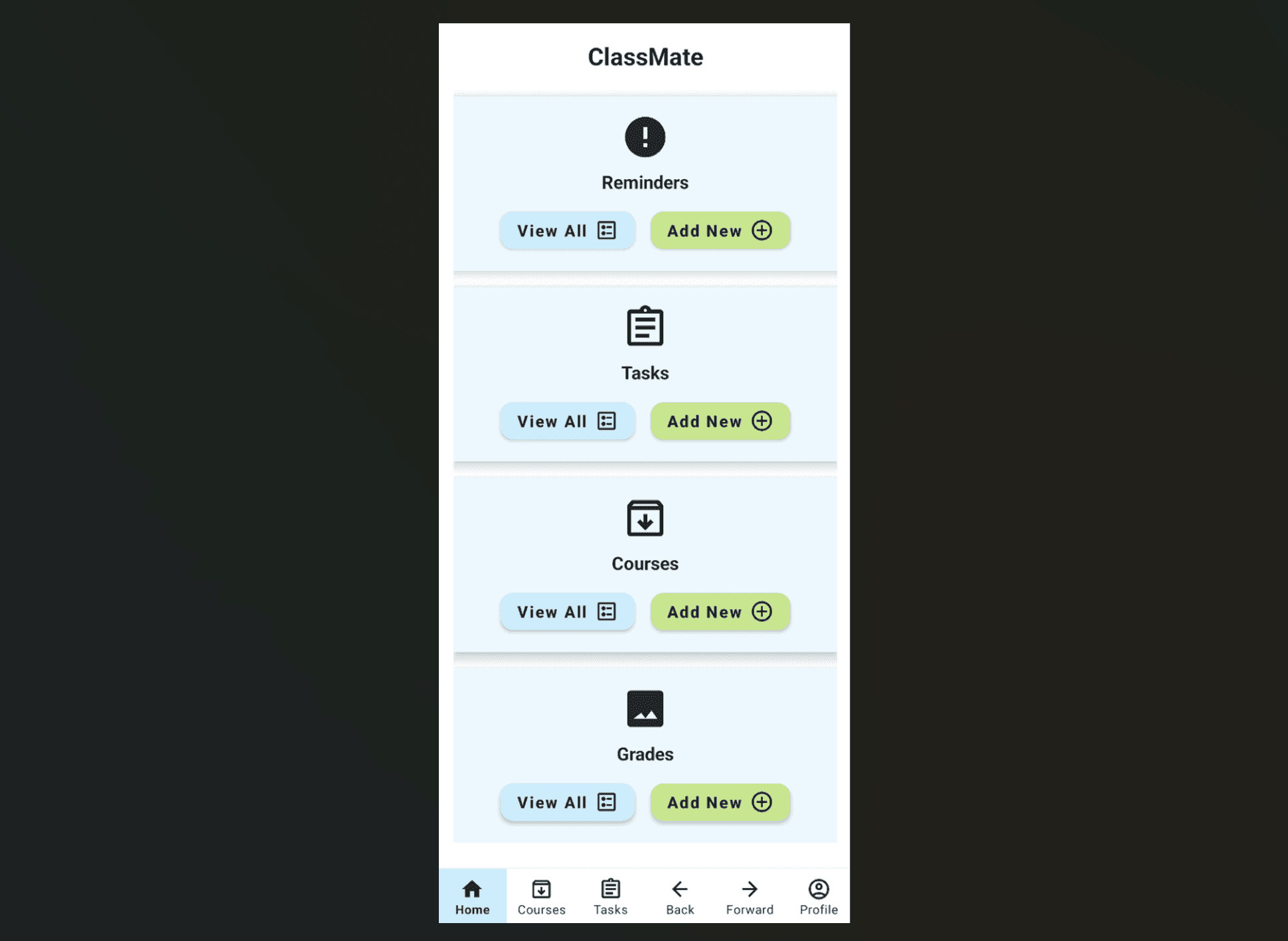 Homepage of Android ClassMate app