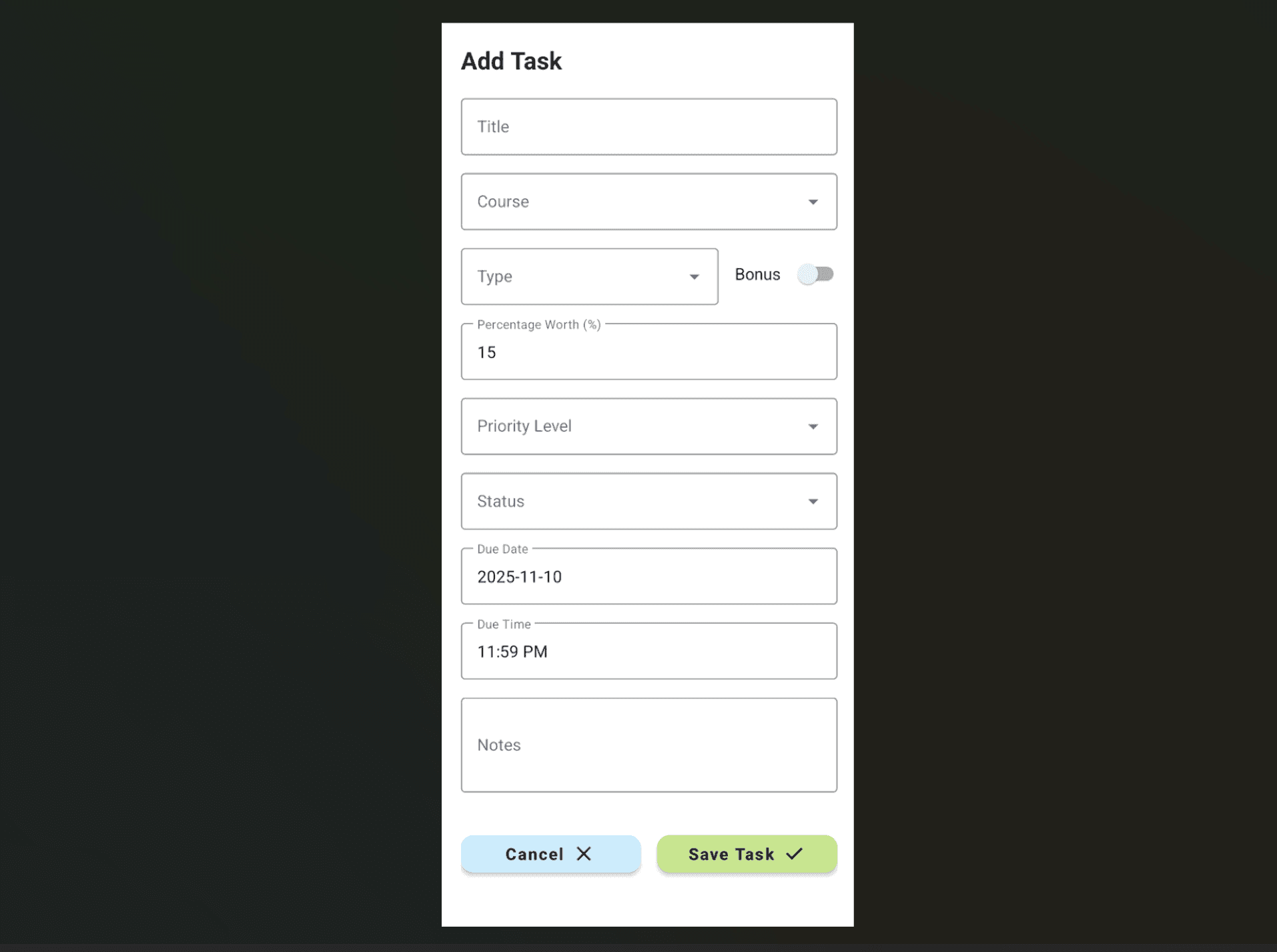 Add task form of Android ClassMate app