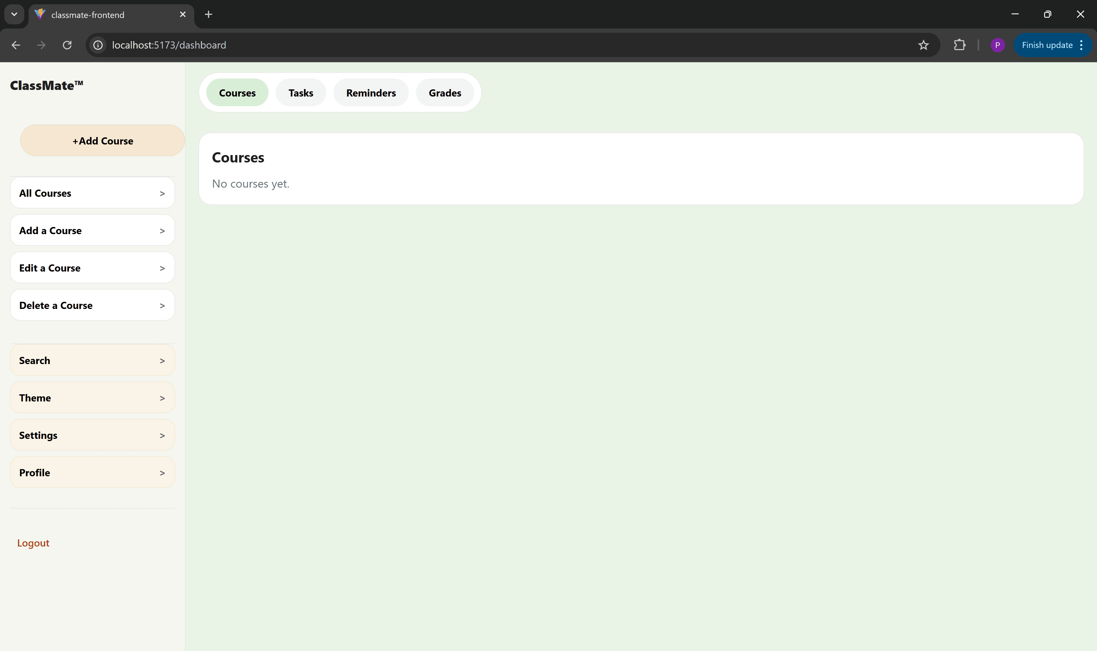 ClassMate Home Screen - Courses