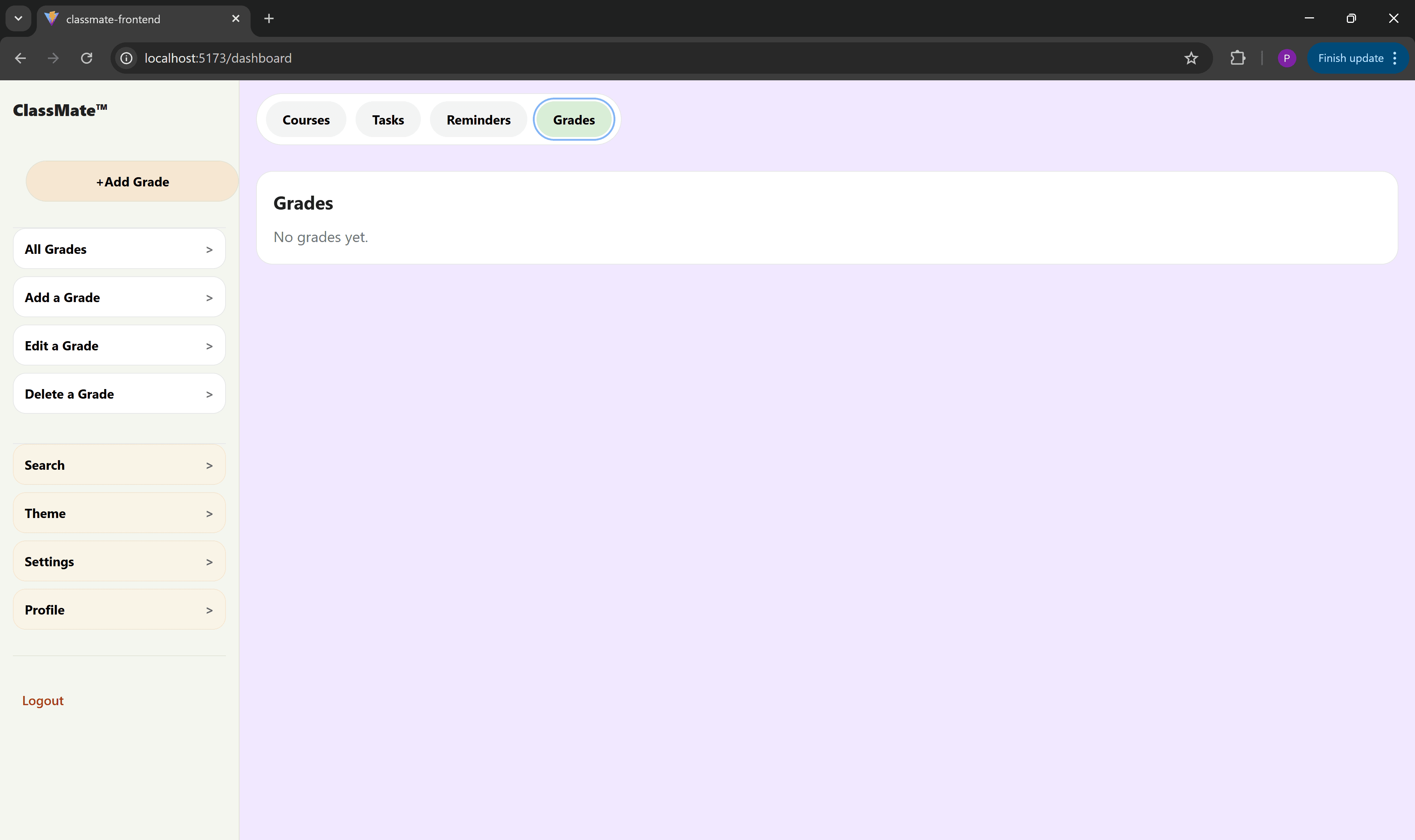 ClassMate Home Screen - Grades