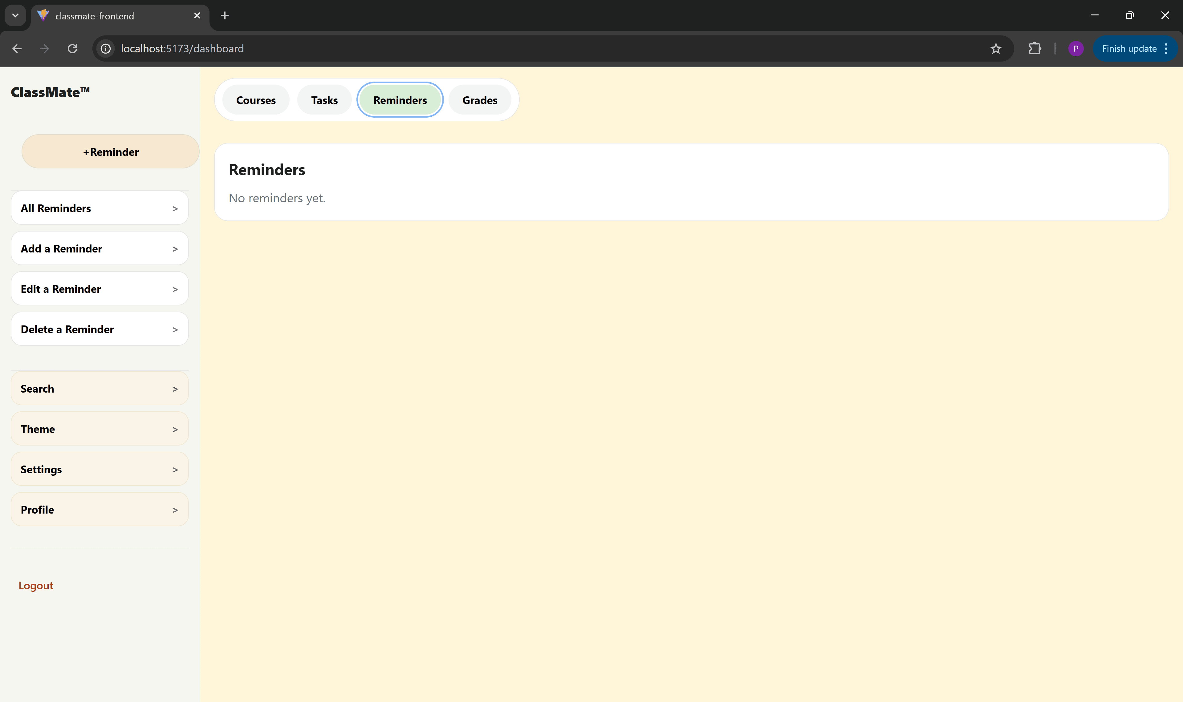 ClassMate Home Screen - Reminders