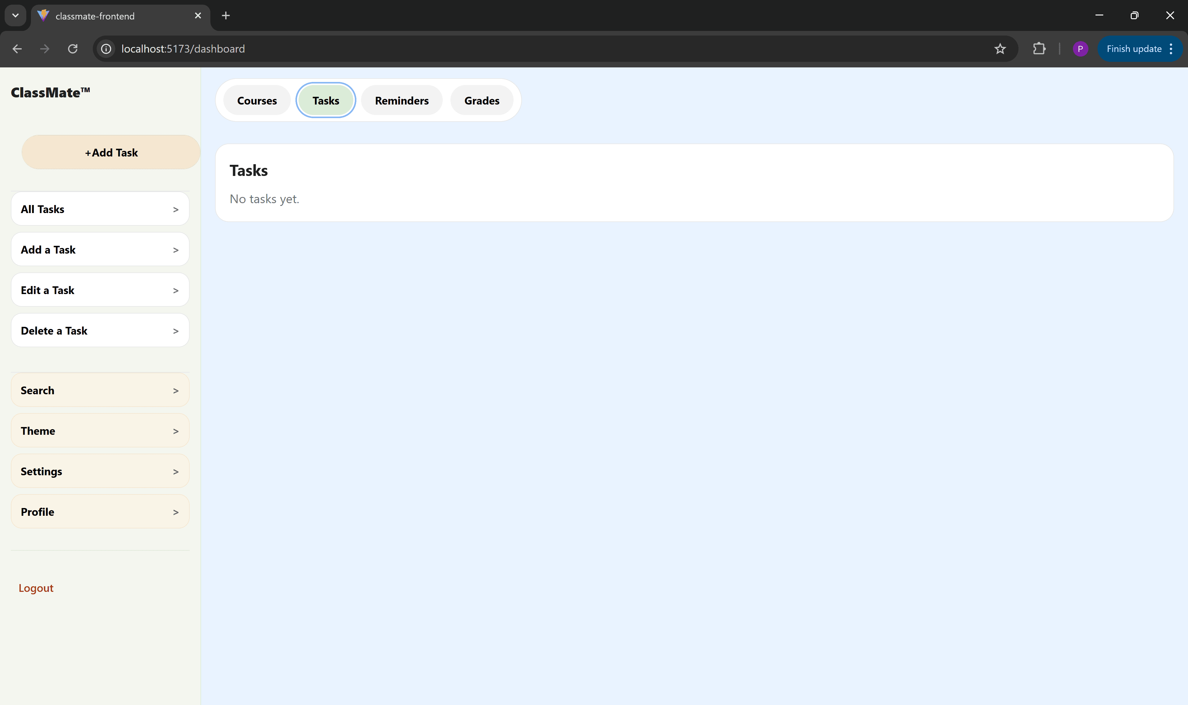 ClassMate Home Screen - Tasks