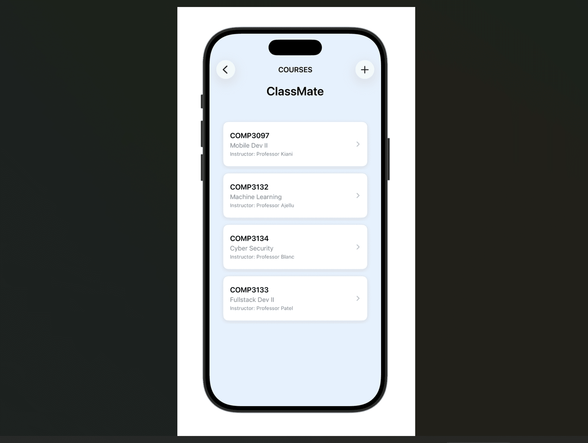Listview page of Courses in the iOS ClassMate app