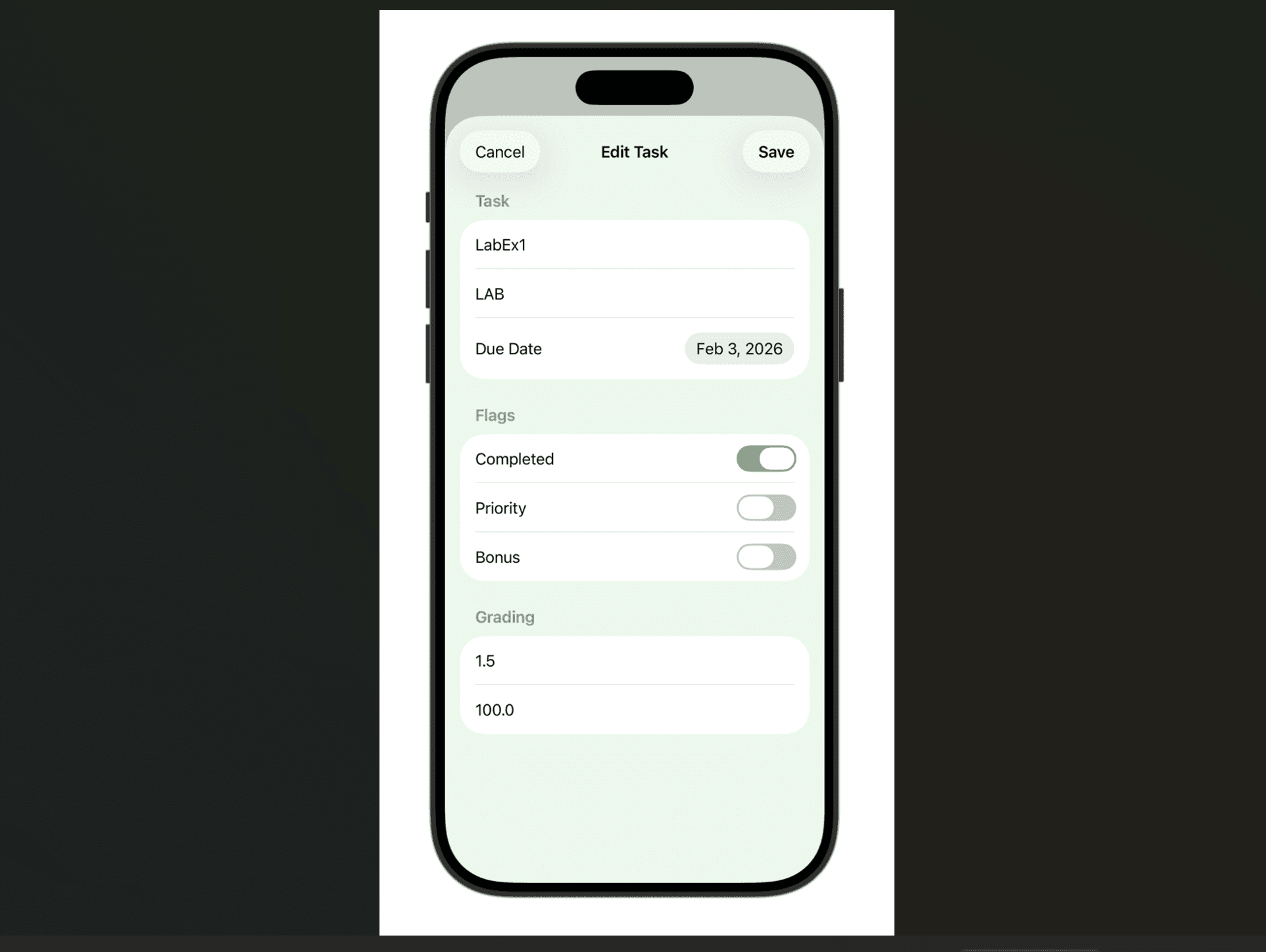 Pre-populated edit form for a task in the iOS ClassMate app