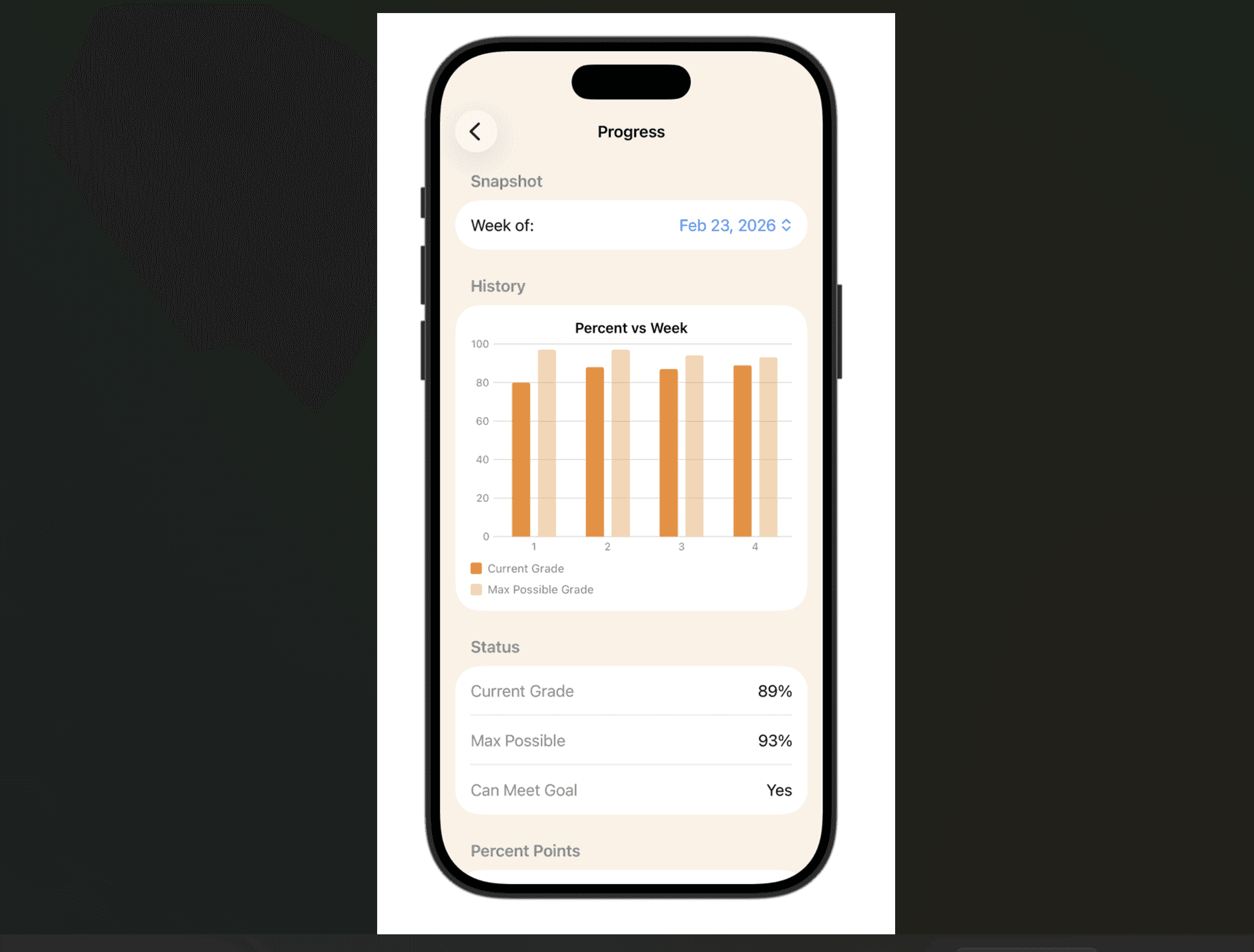 Details page of course grade progress in the iOS ClassMate app