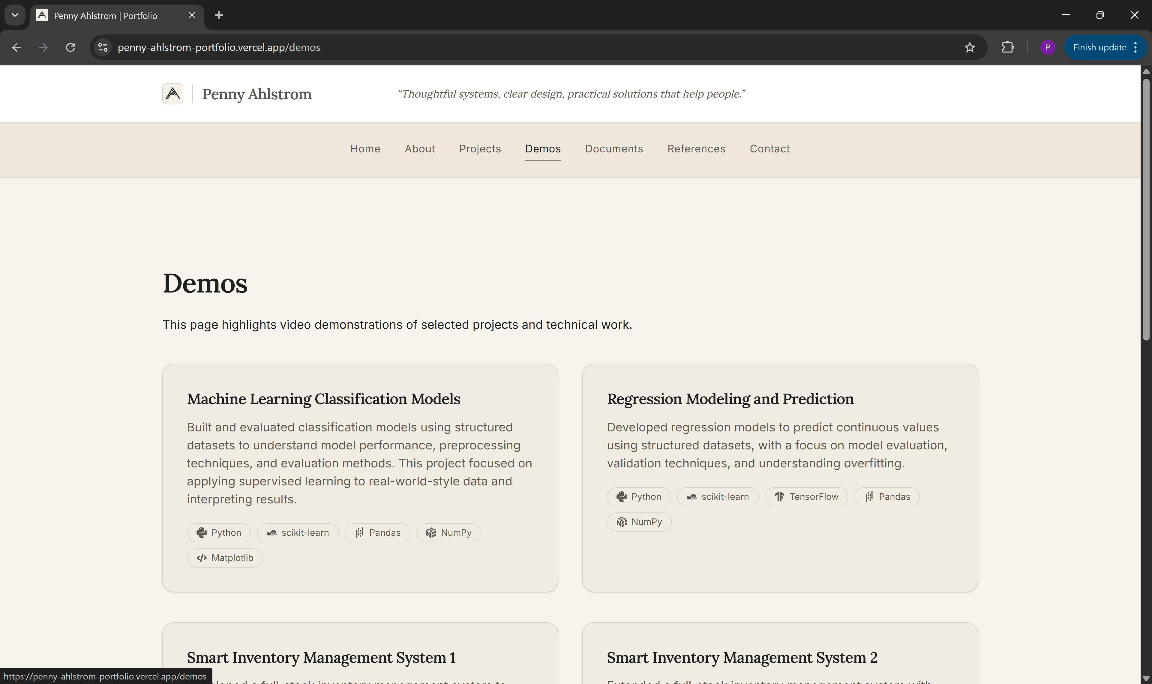 Demos page of the Portfolio Website