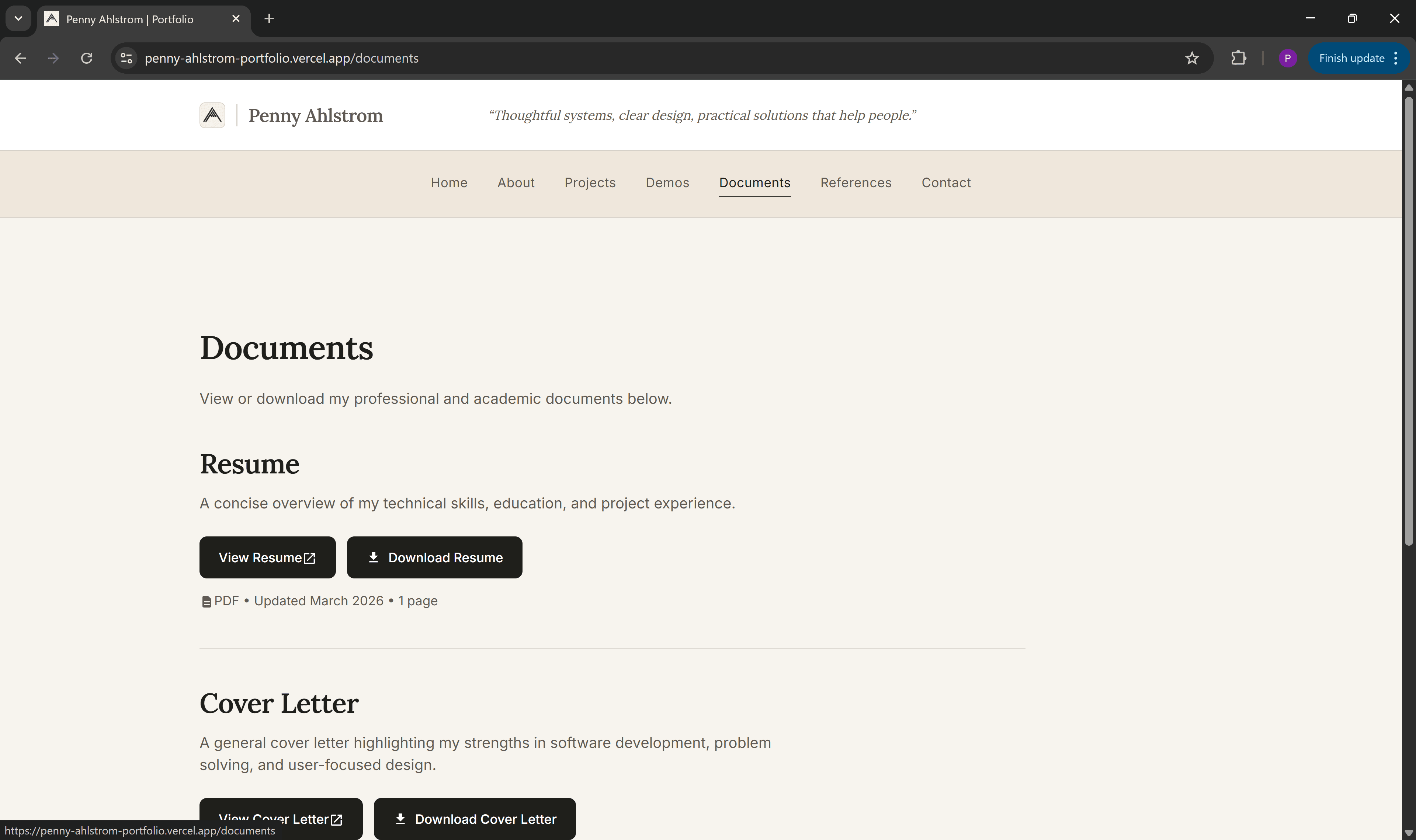 Documents page of the Portfolio Website