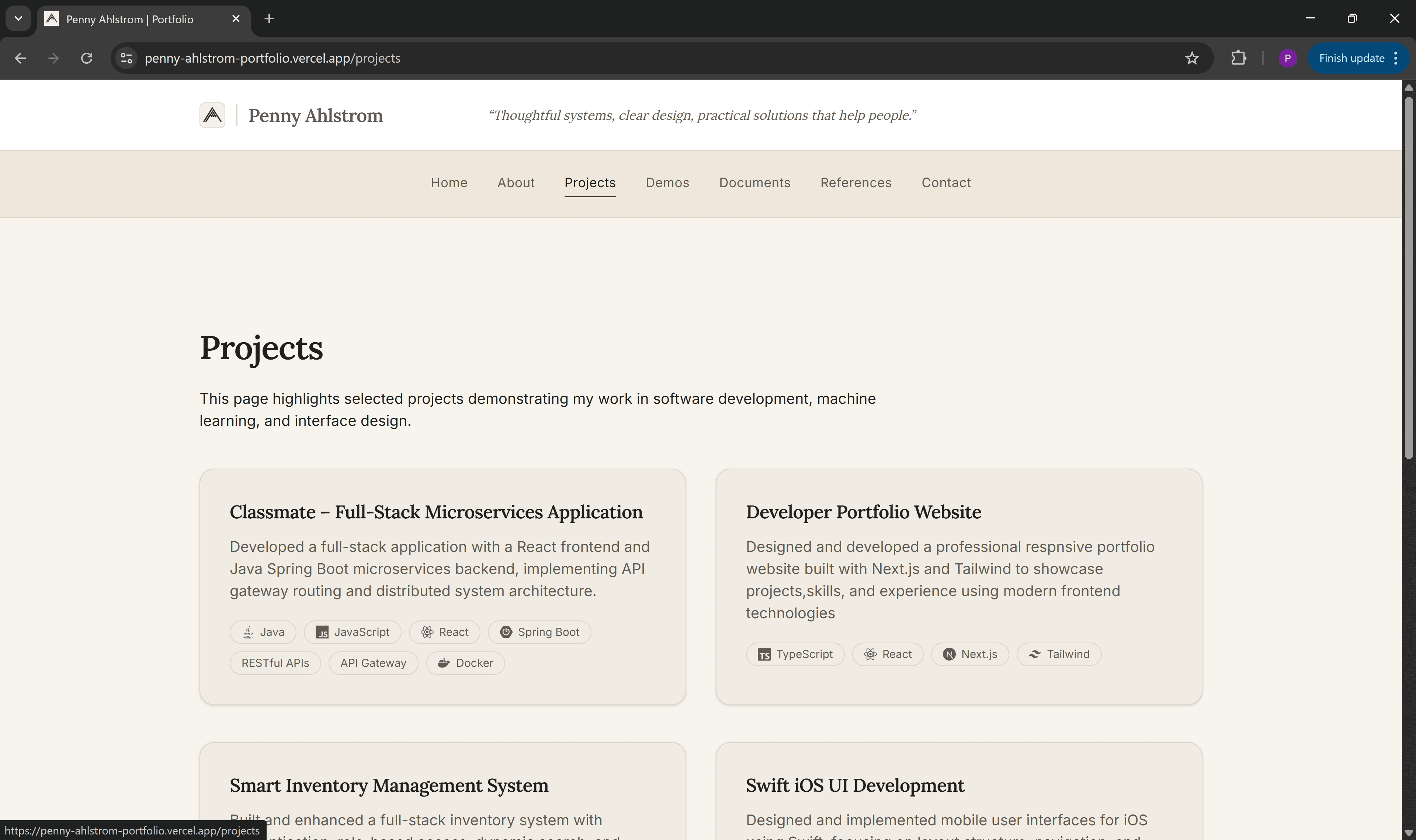Projects page of the Portfolio Website