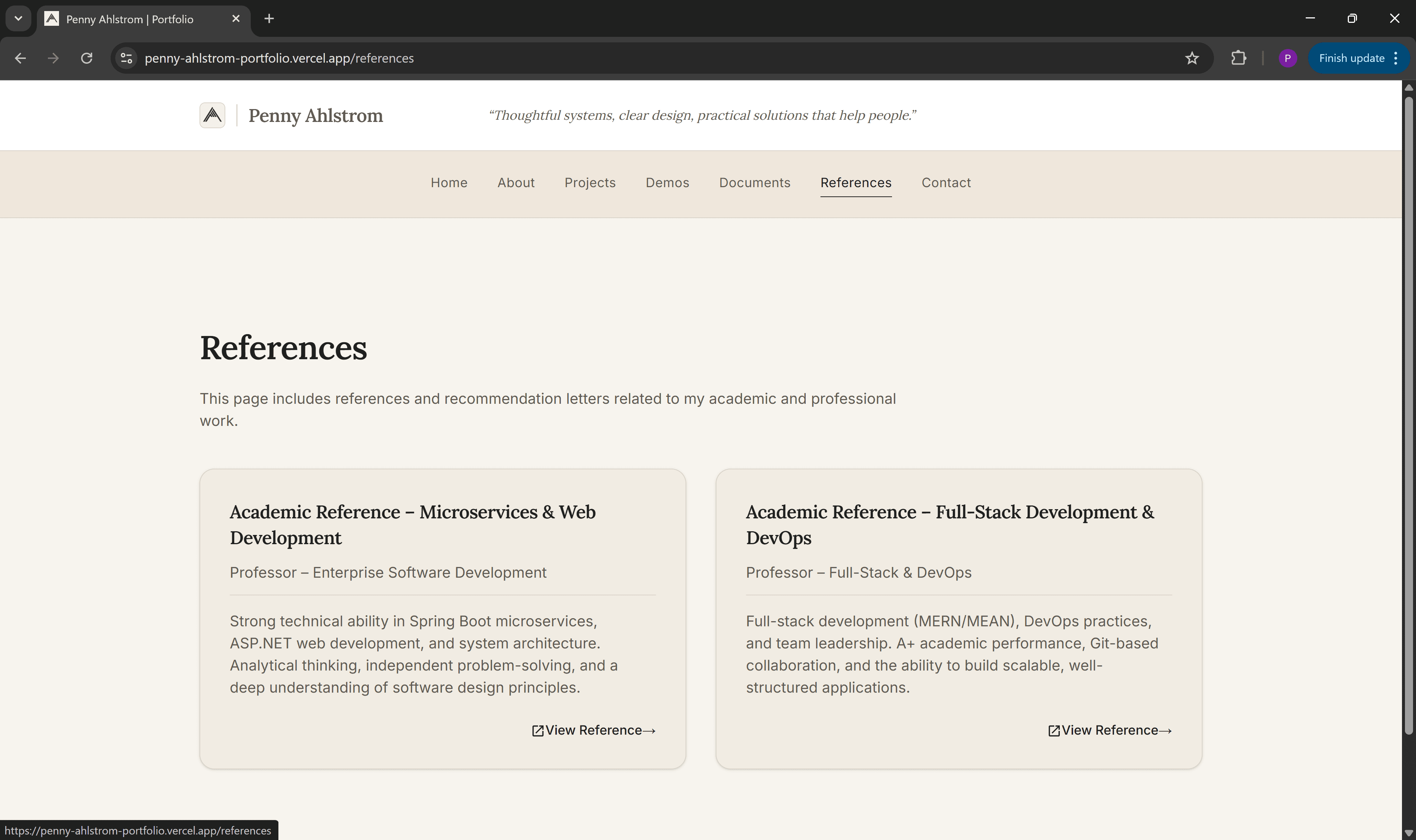 References page of the Portfolio Website