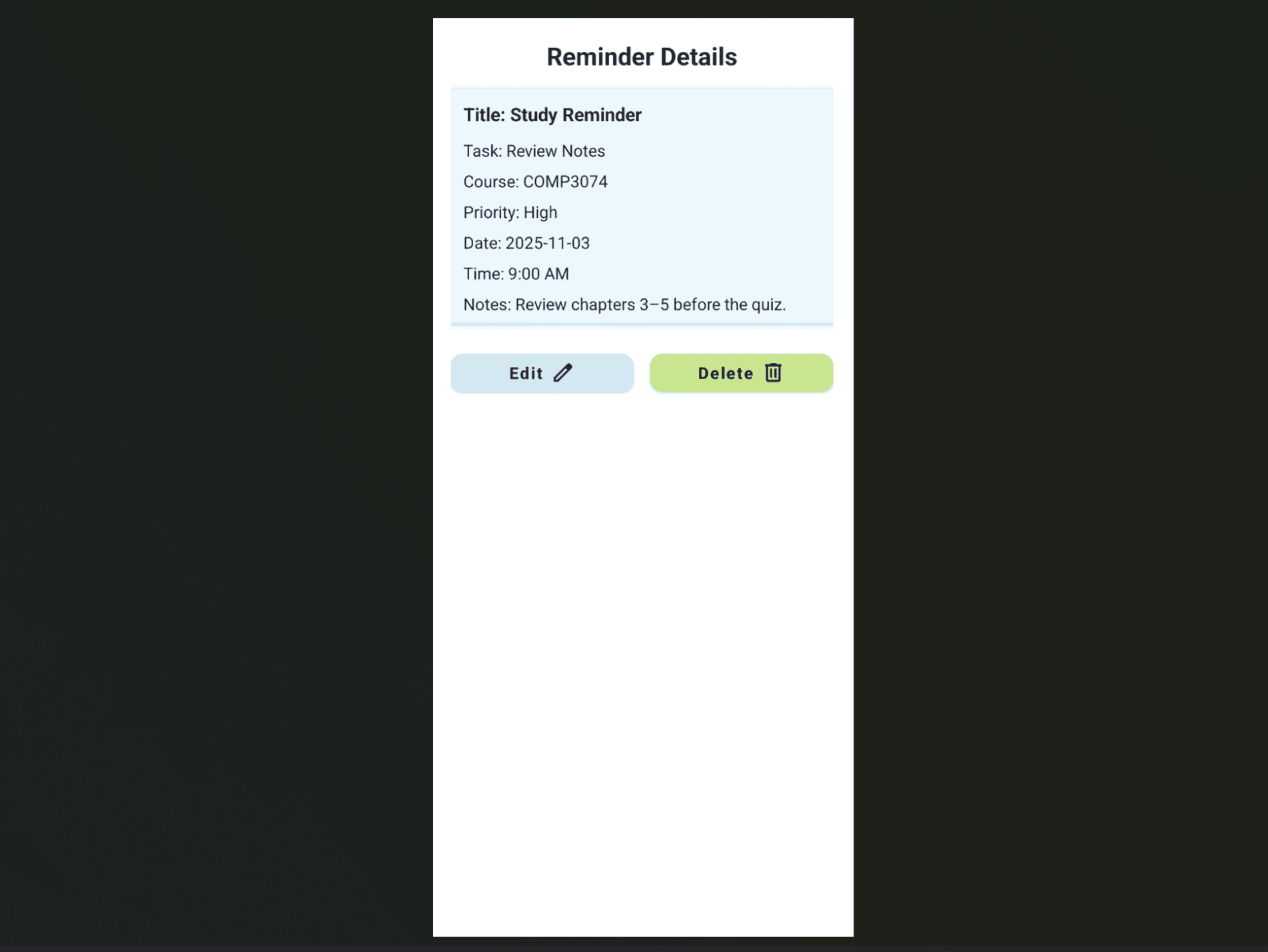 Reminder details view of Android ClassMate app
